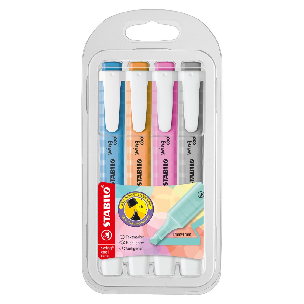 Szövegkiemelő Stabilo Swing Cool Pastel 4 db-os klt. (kék, narancs, málna, szürke)