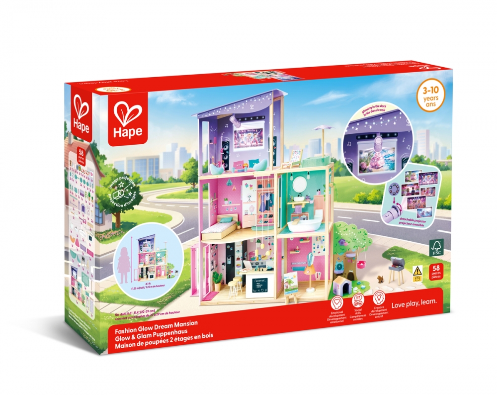 Дървен комплект, Hape, Голяма къща за кукли със светлини и звуци, 58 части, 135 x 37 x 125 см